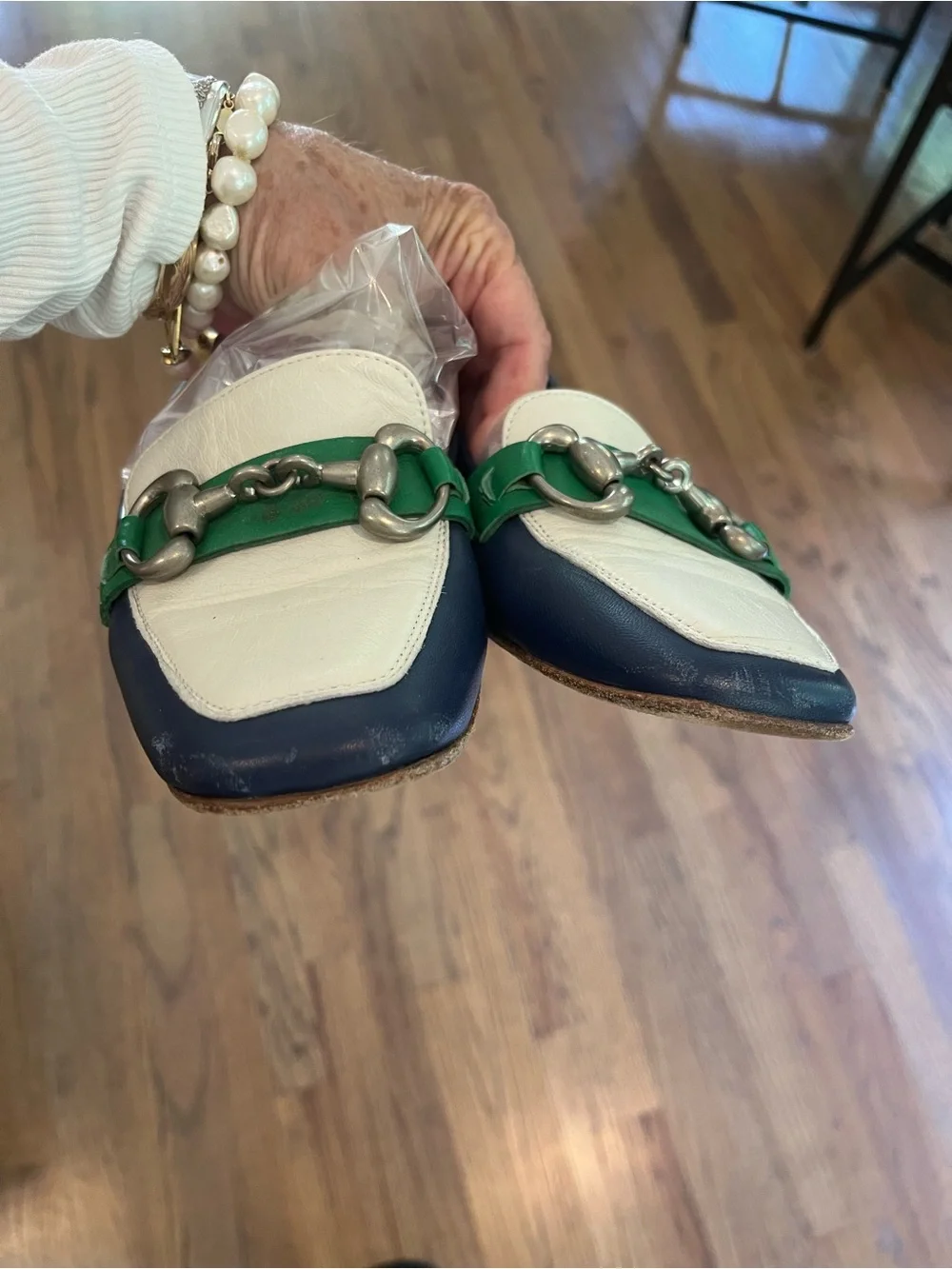 Women's Two-Tone Leather Loafers in Navy, Cream & Green